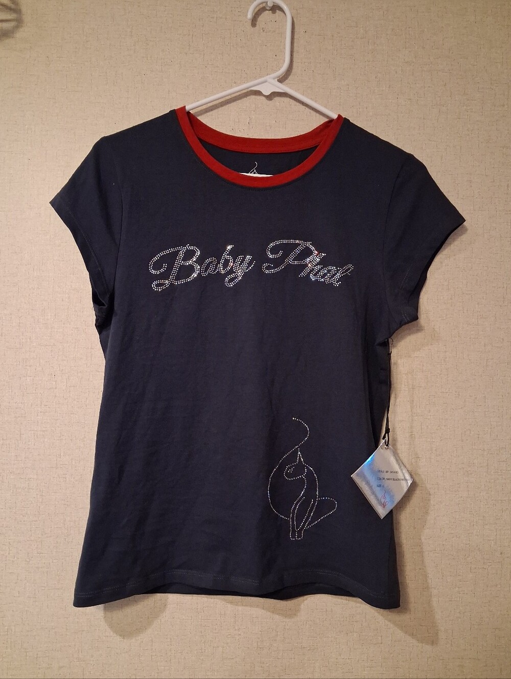 Baby Phat Navy Tee with Red Neck Trim and Crystal Logo Sz L
